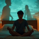 A thoughtful person sits cross-legged on a bed at night, surrounded by softly projected dreamlike scenes in warm amber and cool teal light, reflecting confusion about sleep issues.