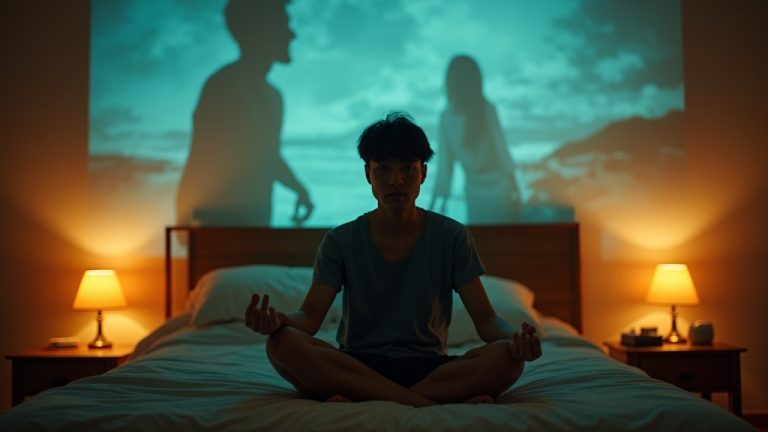 A thoughtful person sits cross-legged on a bed at night, surrounded by softly projected dreamlike scenes in warm amber and cool teal light, reflecting confusion about sleep issues.