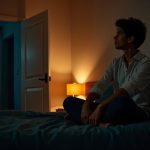 A young adult sits contemplatively on the edge of a warmly lit bed, blending cozy surroundings with hints of outside stress, reflecting nighttime work worries.
