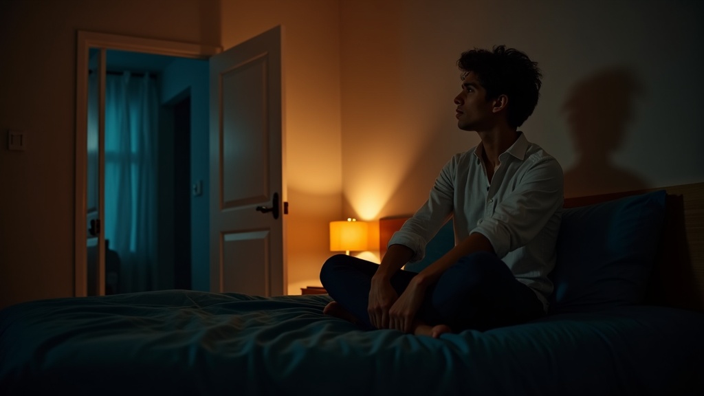 A young adult sits contemplatively on the edge of a warmly lit bed, blending cozy surroundings with hints of outside stress, reflecting nighttime work worries.