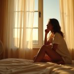 A thoughtful adult sits on a sunlit bed near an open window, curtains gently blowing, suggesting easy ways to cool a bedroom for restful sleep.