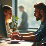 Two colleagues share a desk in a sunlit office, one focused on work and the other taking a peaceful nap, highlighting the balance of rest and productivity.