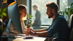 Two colleagues share a desk in a sunlit office, one focused on work and the other taking a peaceful nap, highlighting the balance of rest and productivity.