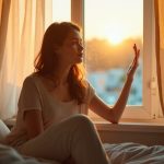 A contemplative woman sits on a bed in early morning light, reflecting on sleep changes during menopause in a softly lit bedroom.