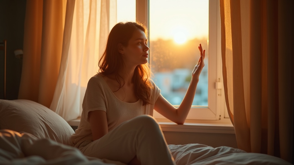A contemplative woman sits on a bed in early morning light, reflecting on sleep changes during menopause in a softly lit bedroom.