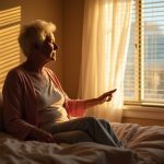 A thoughtful older adult sits on the edge of a bed at dawn, bathed in soft natural light, reflecting on their morning in a tranquil bedroom.