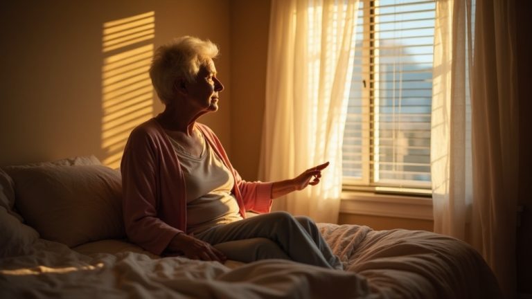 A thoughtful older adult sits on the edge of a bed at dawn, bathed in soft natural light, reflecting on their morning in a tranquil bedroom.