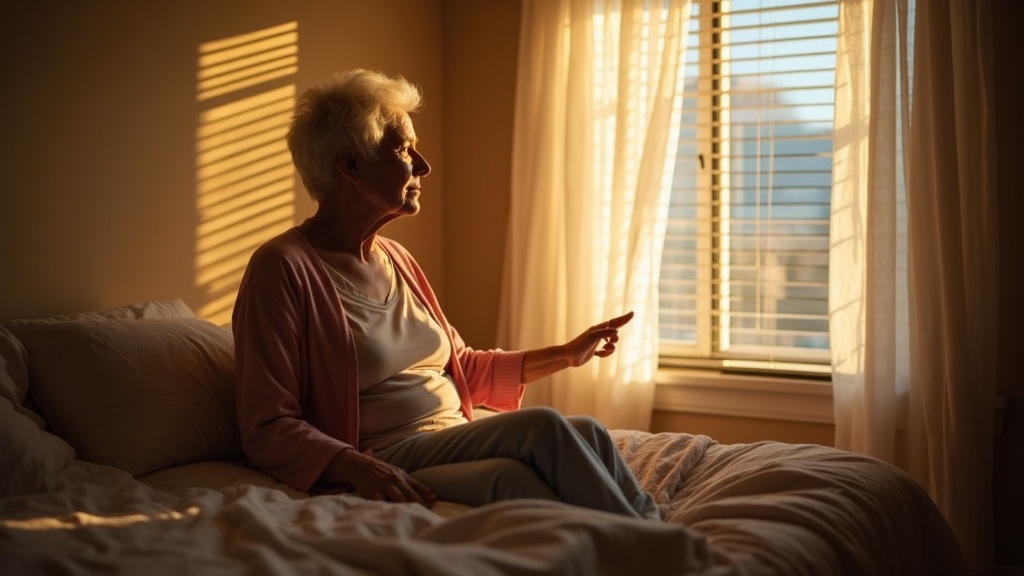 A thoughtful older adult sits on the edge of a bed at dawn, bathed in soft natural light, reflecting on their morning in a tranquil bedroom.
