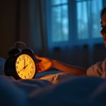 A teen in a cozy bedroom reaching toward a softly lit alarm clock, expressing reluctance and determination to start the day.