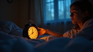 A teen in a cozy bedroom reaching toward a softly lit alarm clock, expressing reluctance and determination to start the day.