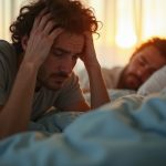 Fatigued person sitting at dawn on the edge of a bed, massaging their temples while their partner sleeps in the background