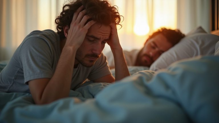 Fatigued person sitting at dawn on the edge of a bed, massaging their temples while their partner sleeps in the background